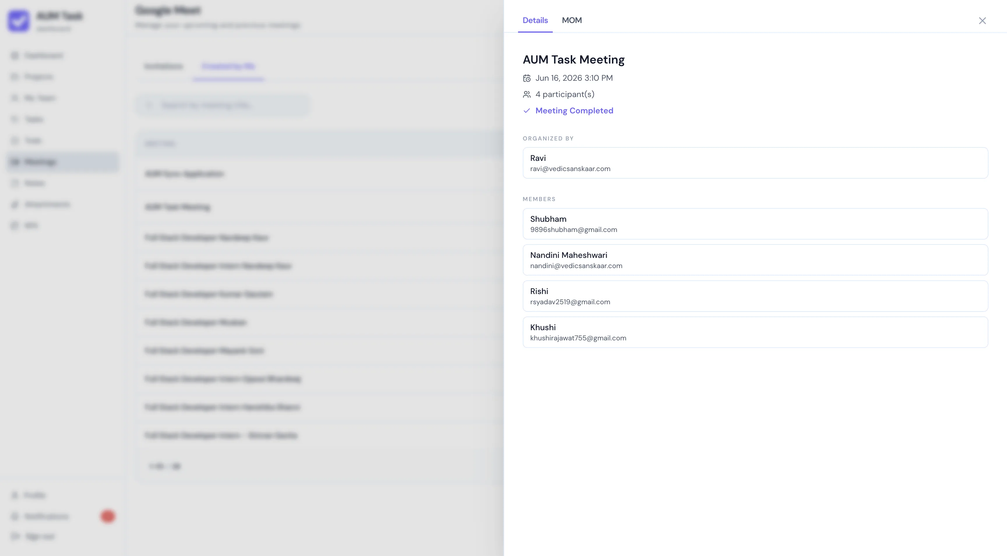 AUM Task Meetings Dashboard and Calendar Overview